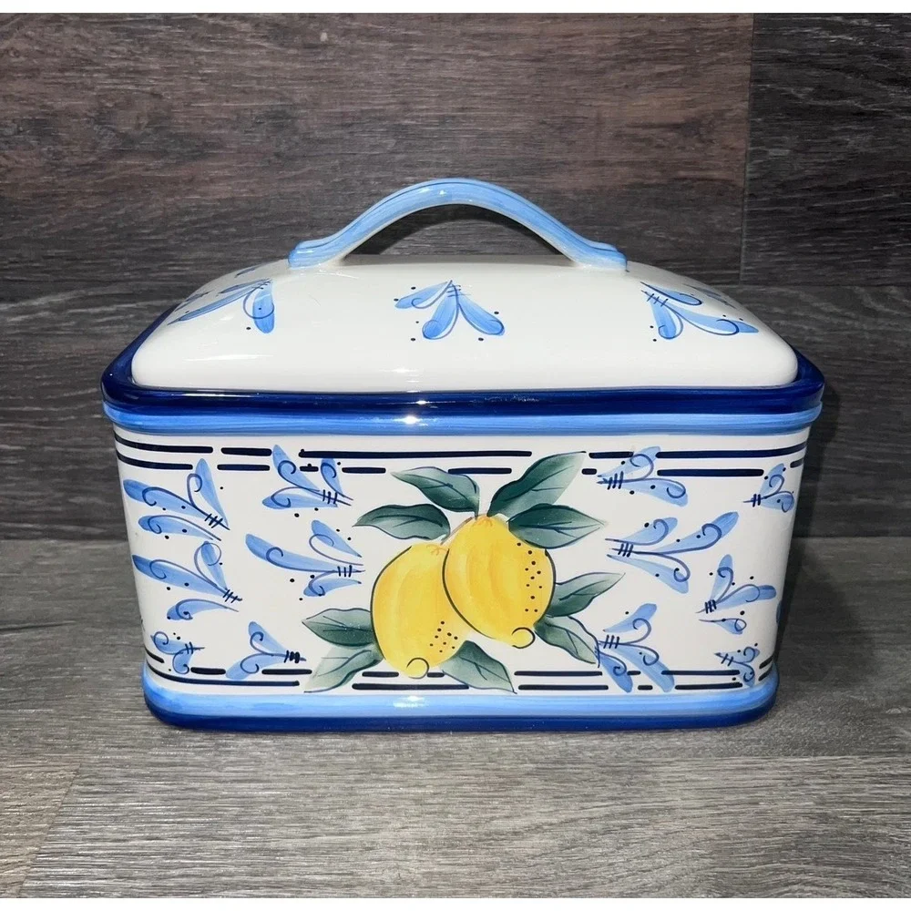 Vtg Stonelite Inspirado Blue White Lemon Design Bread/Biscotti Box Seattle USA